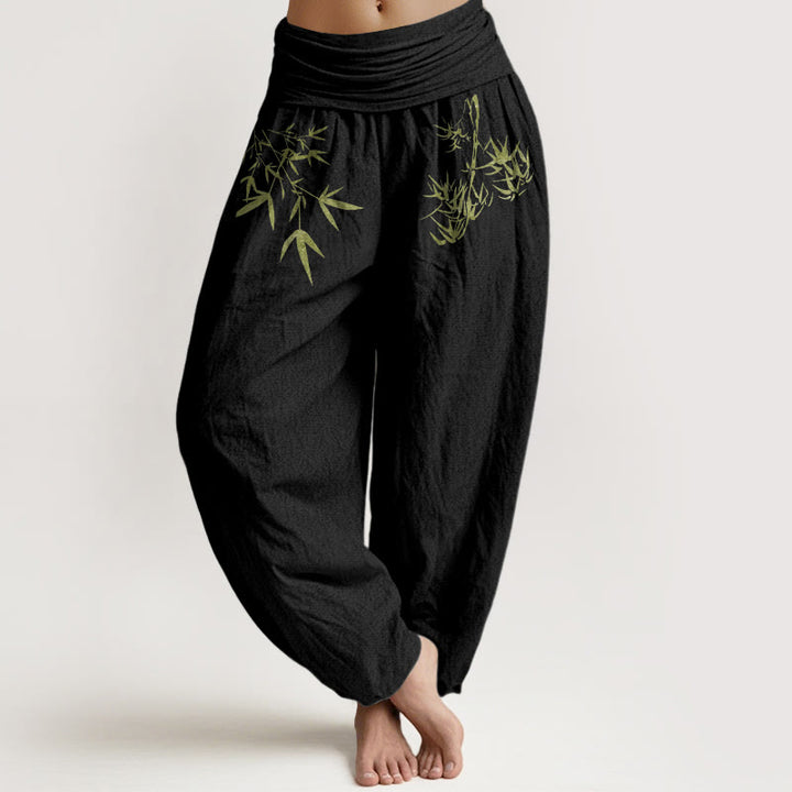 Buddha Stones Pantalones harén de algodón puro con cintura elástica y estampado de hojas de bambú para mujer. - Negro - US16，UK/AU20，EU48 (3XL) - image 5