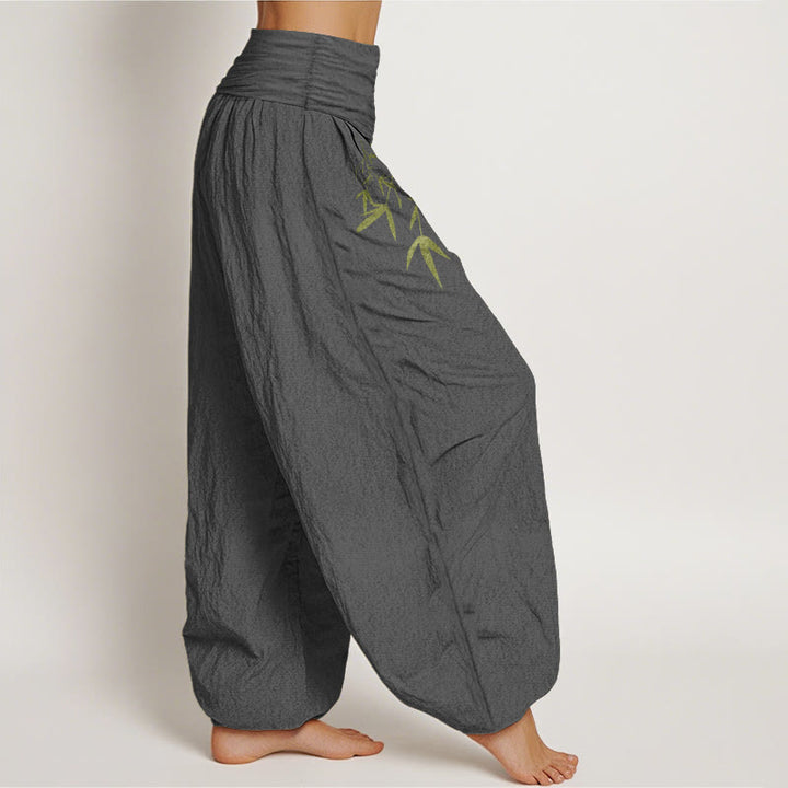 Buddha Stones Pantalones harén de algodón puro con cintura elástica y estampado de hojas de bambú para mujer. - image 13