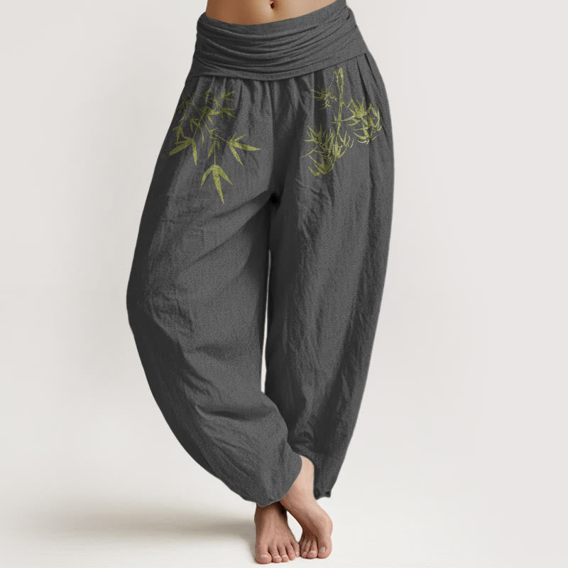 Buddha Stones Pantalones harén de algodón puro con cintura elástica y estampado de hojas de bambú para mujer. - Gris oscuro - US16，UK/AU20，EU48 (3XL) - image 11