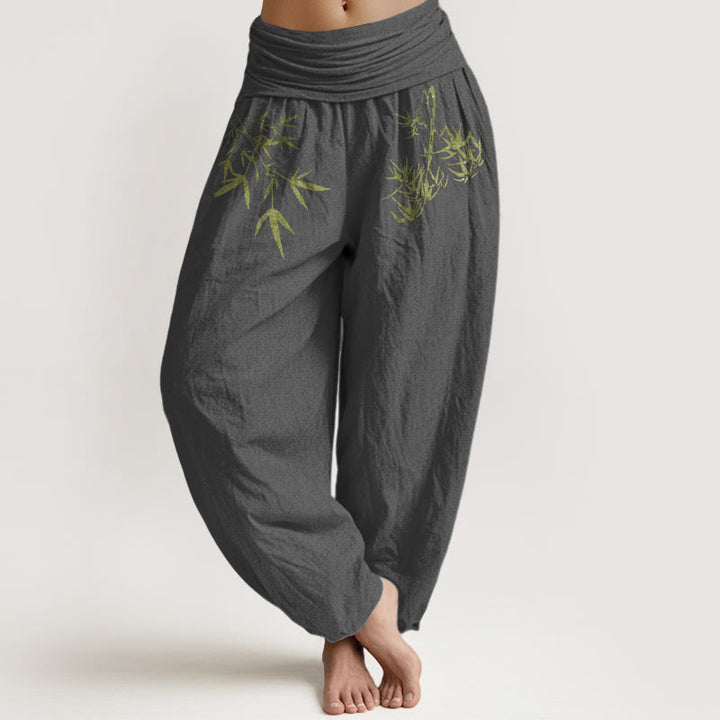 Buddha Stones Pantalones harén de algodón puro con cintura elástica y estampado de hojas de bambú para mujer. - Gris oscuro - US16，UK/AU20，EU48 (3XL) - image 11