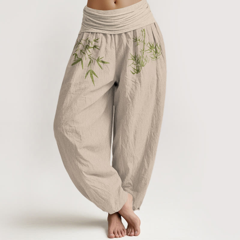 Buddha Stones Pantalones harén de algodón puro con cintura elástica y estampado de hojas de bambú para mujer. - Broncearse - US16，UK/AU20，EU48 (3XL) - image 14