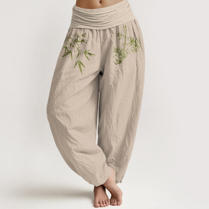 Buddha Stones Pantalones harén de algodón puro con cintura elástica y estampado de hojas de bambú para mujer. - Broncearse - US16，UK/AU20，EU48 (3XL) - image 14