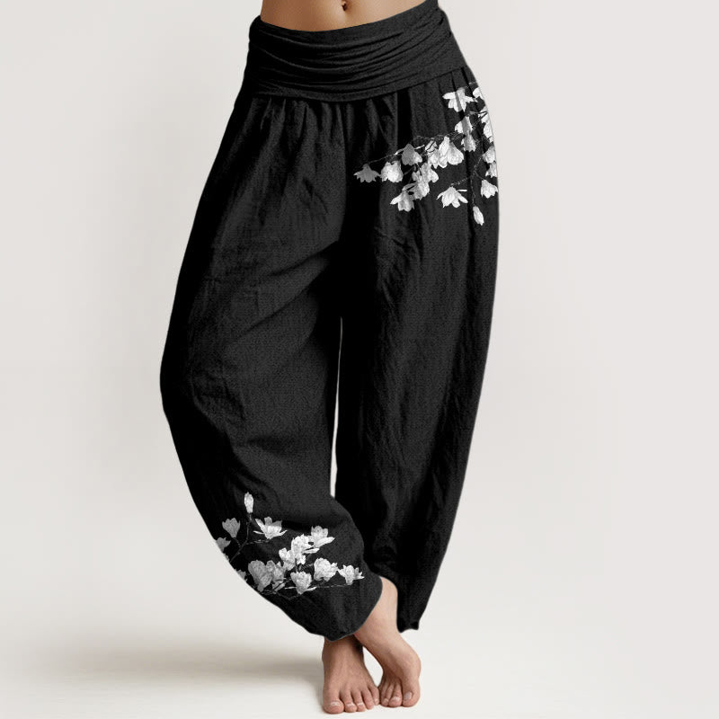 Buddha Stones Pantalones harén de algodón puro con cintura elástica y estampado de flores de magnolia para mujer. - Negro - US16，UK/AU20，EU48 (3XL) - image 0