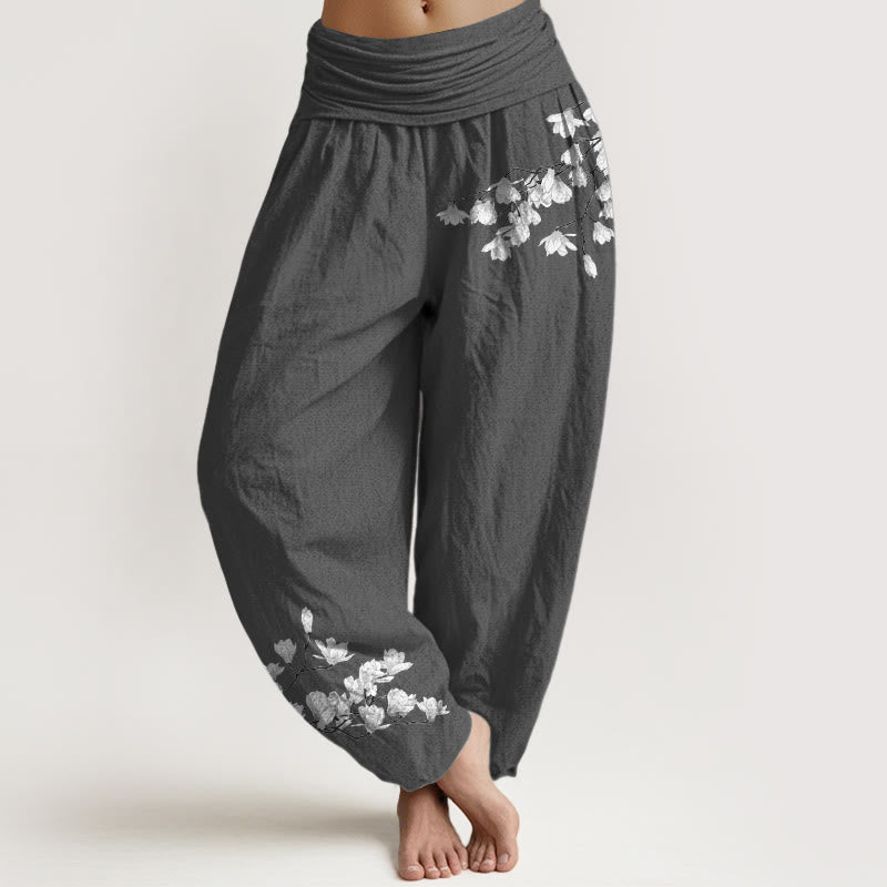 Buddha Stones Pantalones harén de algodón puro con cintura elástica y estampado de flores de magnolia para mujer. - Gris oscuro - US16，UK/AU20，EU48 (3XL) - image 8