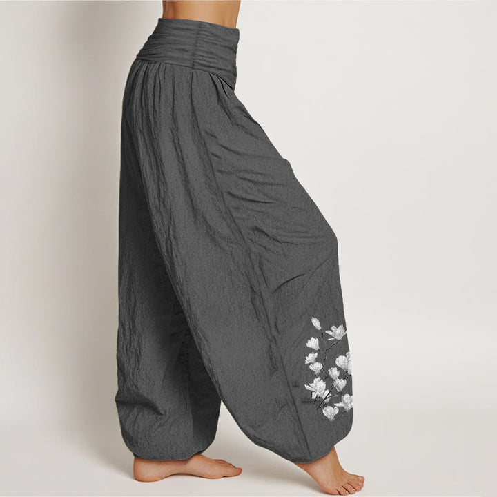 Buddha Stones Pantalones harén de algodón puro con cintura elástica y estampado de flores de magnolia para mujer. - image 10
