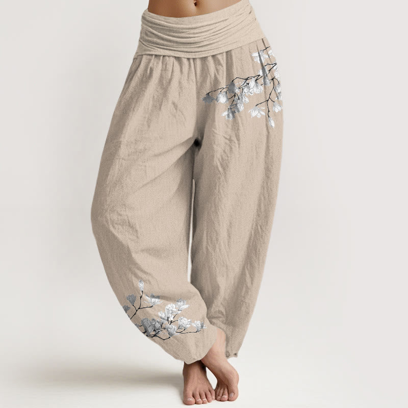 Buddha Stones Pantalones harén de algodón puro con cintura elástica y estampado de flores de magnolia para mujer. - Broncearse - US16，UK/AU20，EU48 (3XL) - image 11