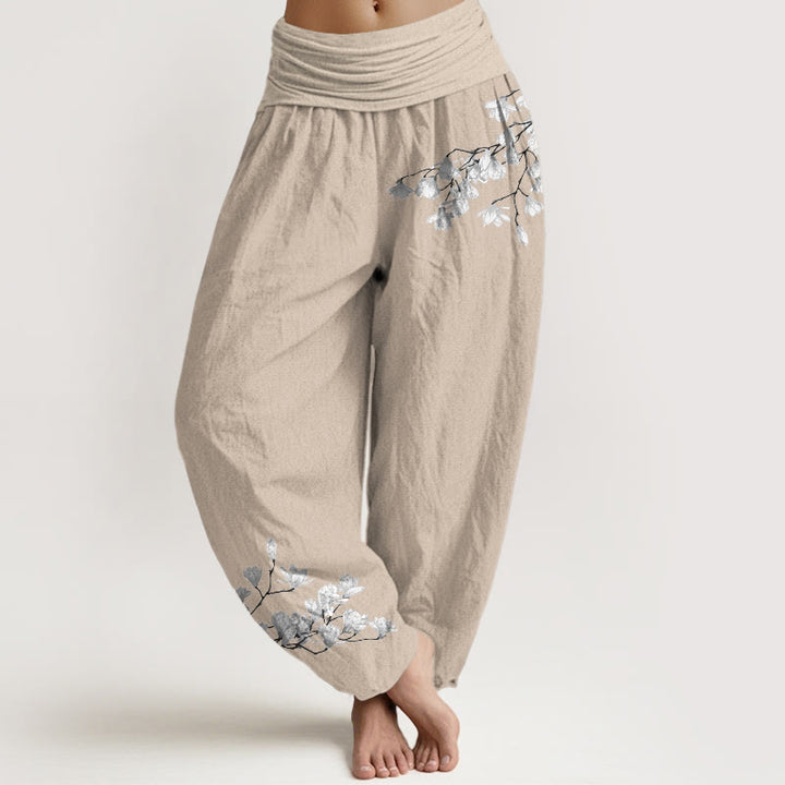 Buddha Stones Pantalones harén de algodón puro con cintura elástica y estampado de flores de magnolia para mujer. - Broncearse - US16，UK/AU20，EU48 (3XL) - image 11