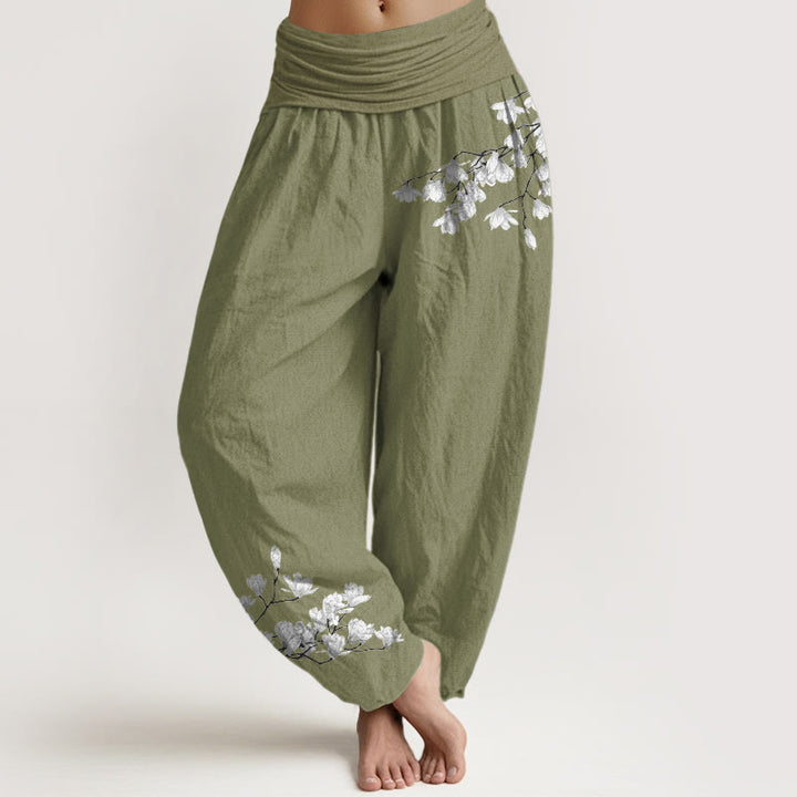 Buddha Stones Pantalones harén de algodón puro con cintura elástica y estampado de flores de magnolia para mujer. - Verde oliva - US16，UK/AU20，EU48 (3XL) - image 14