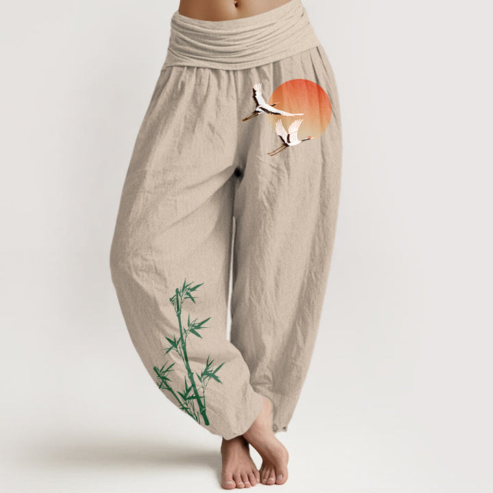Buddha Stones Pantalones harén de cintura elástica para mujer, elegantes, de algodón puro, con estampado de bambú y grulla solar - Broncearse - US16，UK/AU20，EU48 (3XL) - image 0