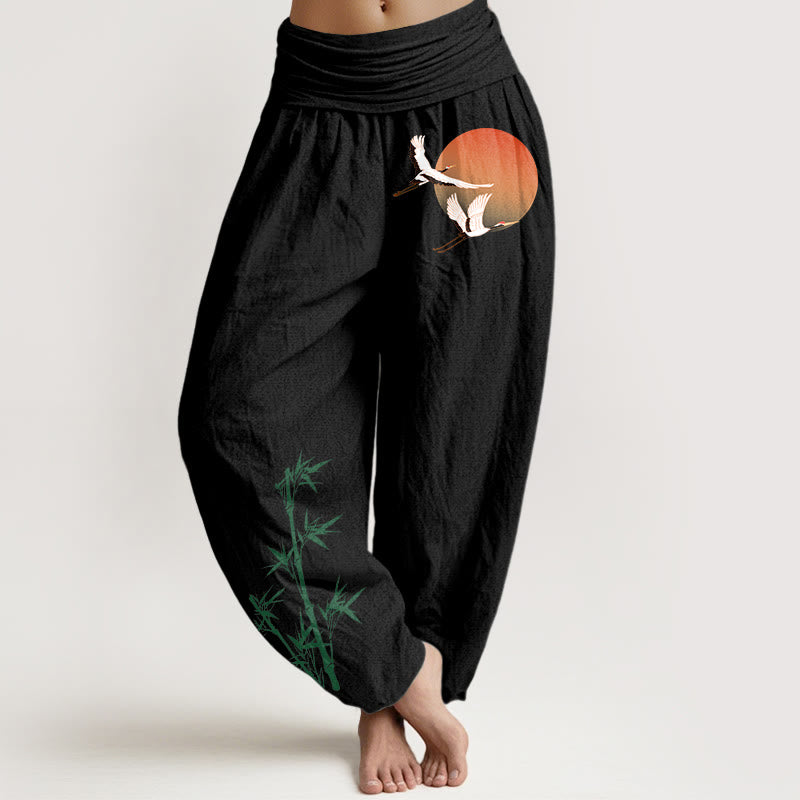 Buddha Stones Pantalones harén de cintura elástica para mujer, elegantes, de algodón puro, con estampado de bambú y grulla solar - Negro - US16，UK/AU20，EU48 (3XL) - image 5