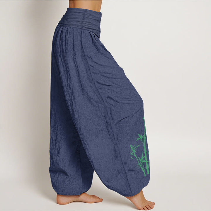 Buddha Stones Pantalones harén de cintura elástica para mujer, elegantes, de algodón puro, con estampado de bambú y grulla solar - image 10