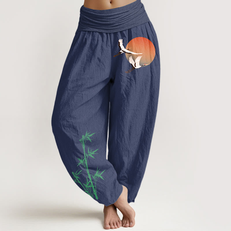 Buddha Stones Pantalones harén de cintura elástica para mujer, elegantes, de algodón puro, con estampado de bambú y grulla solar - Azul pizarra oscuro - US16，UK/AU20，EU48 (3XL) - image 8