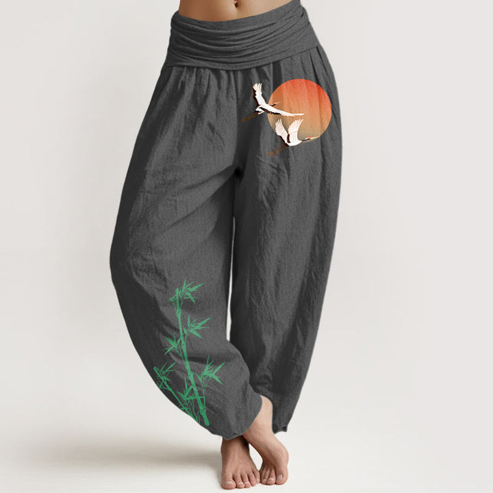 Buddha Stones Pantalones harén de cintura elástica para mujer, elegantes, de algodón puro, con estampado de bambú y grulla solar - Gris oscuro - US16，UK/AU20，EU48 (3XL) - image 11