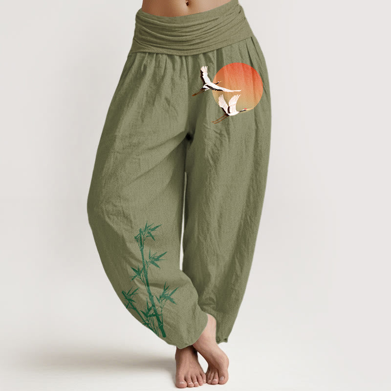 Buddha Stones Pantalones harén de cintura elástica para mujer, elegantes, de algodón puro, con estampado de bambú y grulla solar - Verde oliva - US16，UK/AU20，EU48 (3XL) - image 14