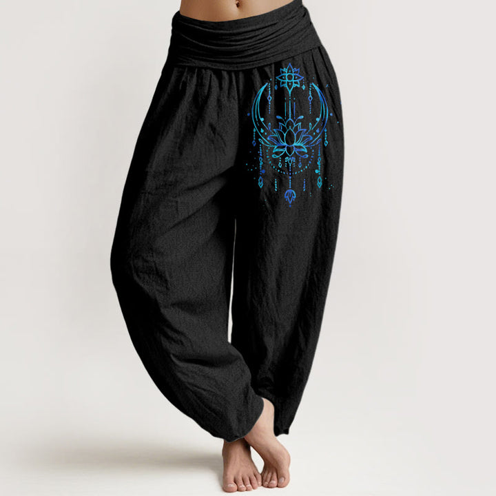 Buddha Stones Pantalones harén de algodón puro con cintura elástica y estampado de loto para mujer - Negro - US16，UK/AU20，EU48 (3XL) - image 0