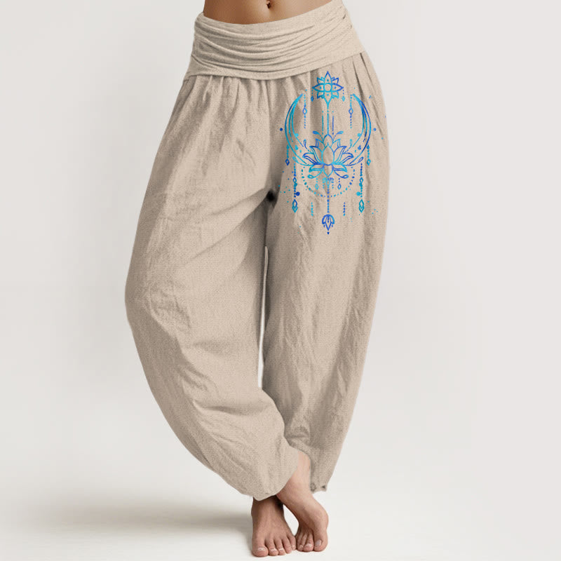 Buddha Stones Pantalones harén de algodón puro con cintura elástica y estampado de loto para mujer - Broncearse - US16，UK/AU20，EU48 (3XL) - image 11
