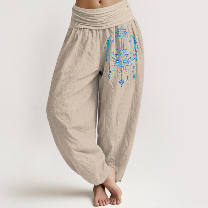 Buddha Stones Pantalones harén de algodón puro con cintura elástica y estampado de loto para mujer - Broncearse - US16，UK/AU20，EU48 (3XL) - image 11