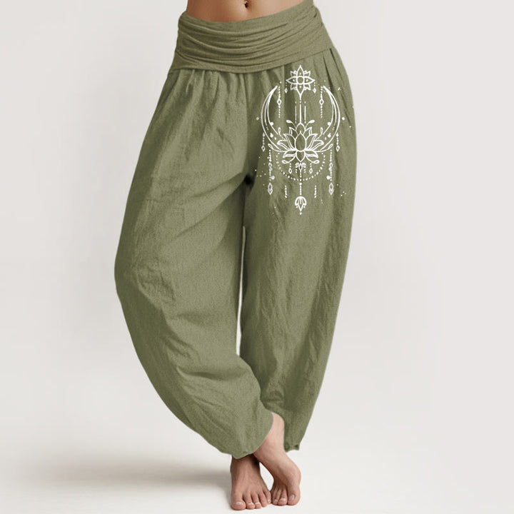 Buddha Stones Pantalones harén de algodón puro con cintura elástica y estampado de loto para mujer - Verde oliva - US16，UK/AU20，EU48 (3XL) - image 14