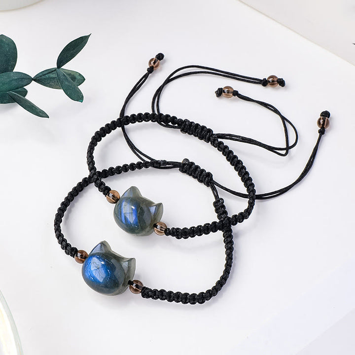 Buddha Stones Pulsera de cuerda curativa con labradorita natural y dije de cabeza de gato - image 0