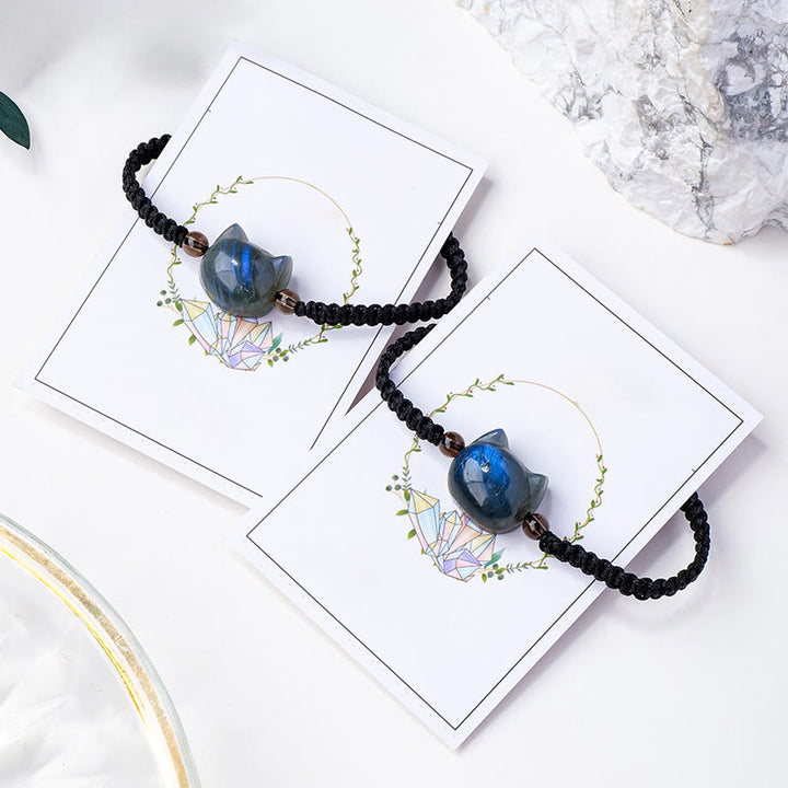 Buddha Stones Pulsera de cuerda curativa con labradorita natural y dije de cabeza de gato - image 7