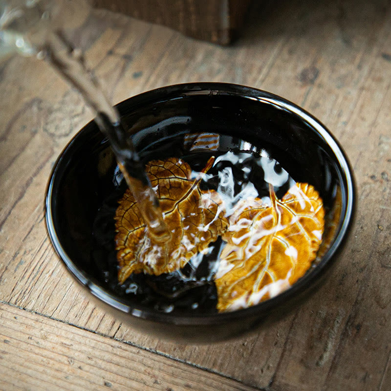 Buddha Stones, hoja de arce dorada, taza de té de cerámica china Jianzhan, tazón de taza de té Tenmoku Kung Fu
