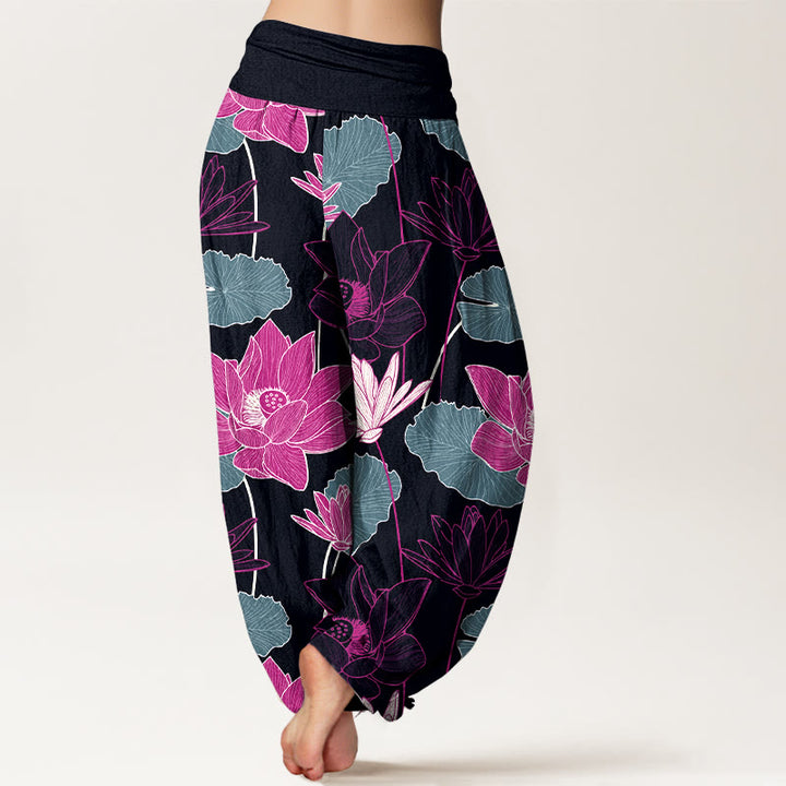 Buddha Stones Pantalones harén de algodón puro con estampado retro de flores de loto y hojas para mujer, cintura elástica - image 1