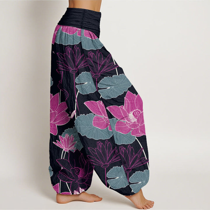 Buddha Stones Pantalones harén de algodón puro con estampado retro de flores de loto y hojas para mujer, cintura elástica - image 2