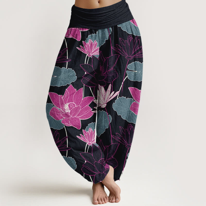 Buddha Stones Pantalones harén de algodón puro con estampado retro de flores de loto y hojas para mujer, cintura elástica - Negro - US16，UK/AU20，EU48 (3XL) - image 0