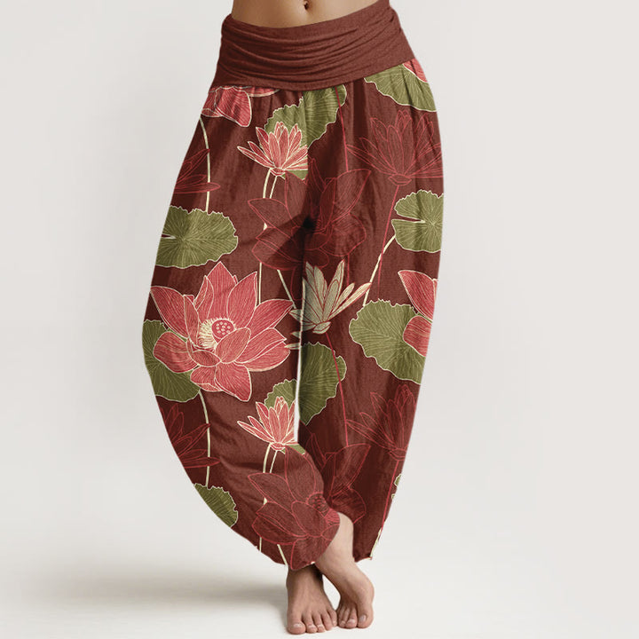 Buddha Stones Pantalones harén de algodón puro con estampado retro de flores de loto y hojas para mujer, cintura elástica - Marrón - US16，UK/AU20，EU48 (3XL) - image 5