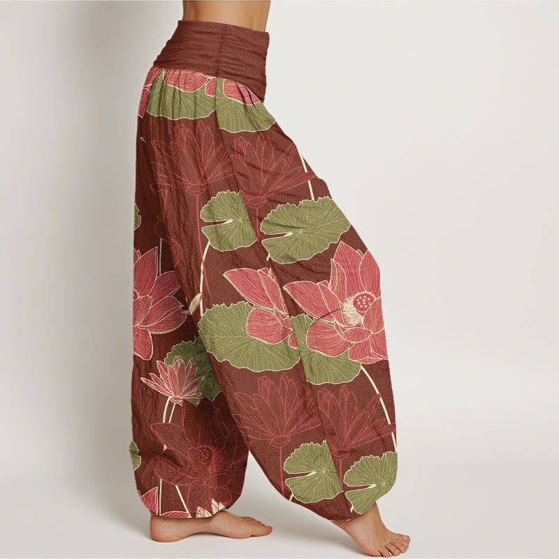 Buddha Stones Pantalones harén de algodón puro con estampado retro de flores de loto y hojas para mujer, cintura elástica - image 7