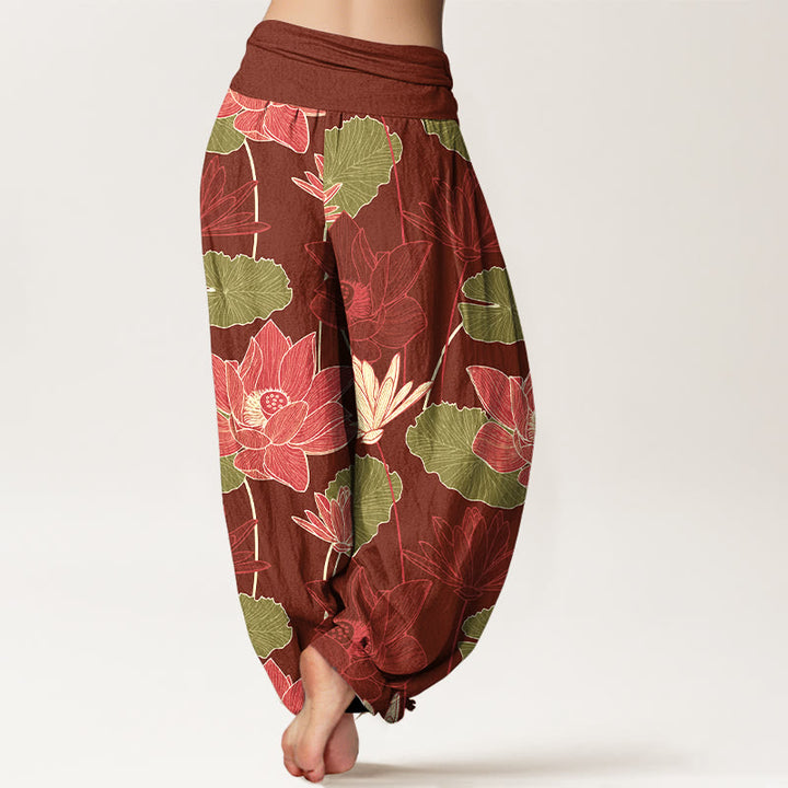 Buddha Stones Pantalones harén de algodón puro con estampado retro de flores de loto y hojas para mujer, cintura elástica - image 6