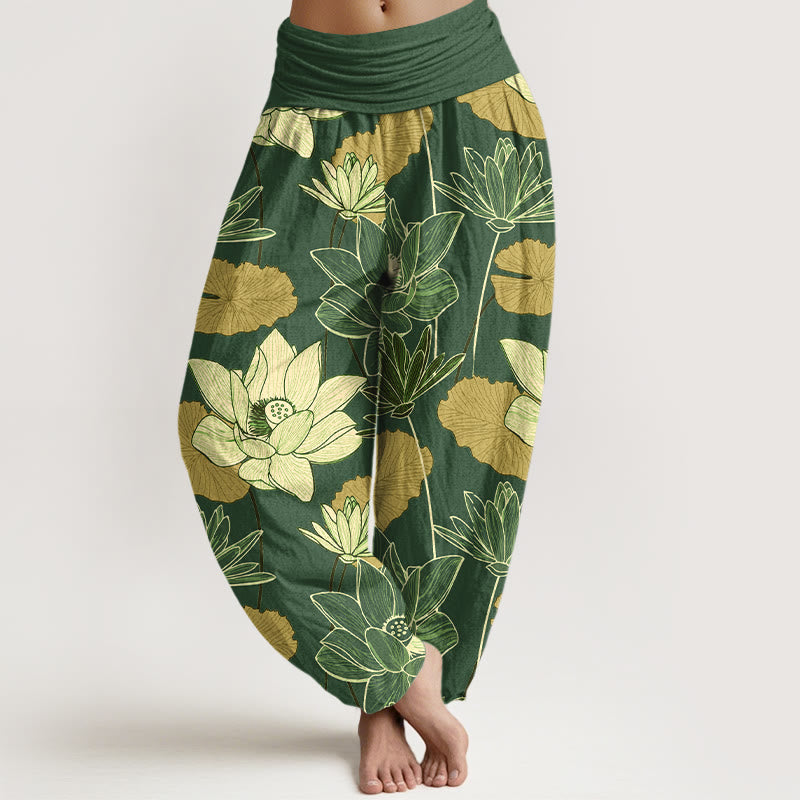 Buddha Stones Pantalones harén de algodón puro con estampado retro de flores de loto y hojas para mujer, cintura elástica - Verde - US16，UK/AU20，EU48 (3XL) - image 8