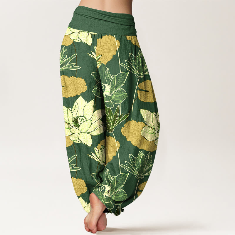 Buddha Stones Pantalones harén de algodón puro con estampado retro de flores de loto y hojas para mujer, cintura elástica - image 9