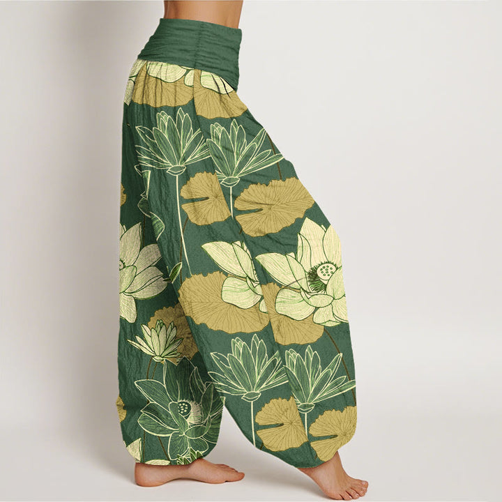Buddha Stones Pantalones harén de algodón puro con estampado retro de flores de loto y hojas para mujer, cintura elástica - image 10