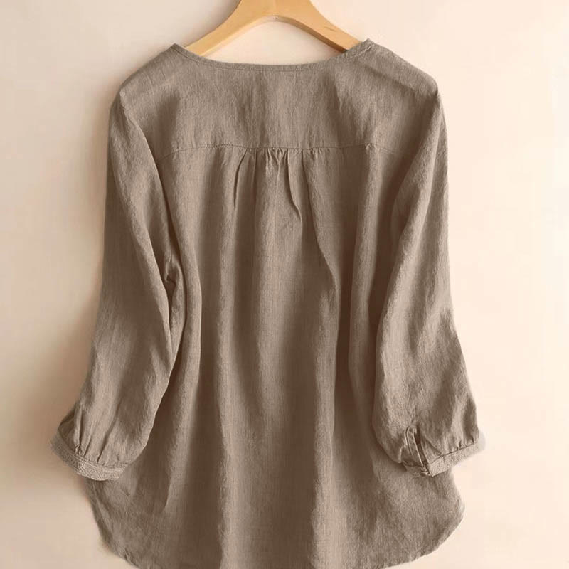 Camisa informal de manga tres cuartos con cuello redondo y diseño calado para mujer con estampado de Buddha Stones. - image 1