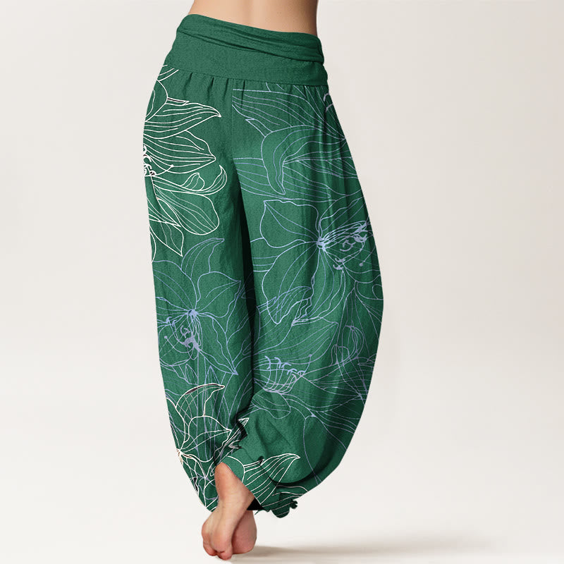 Buddha Stones Pantalones harén de algodón puro con cintura elástica y estampado floral minimalista para mujer - image 1