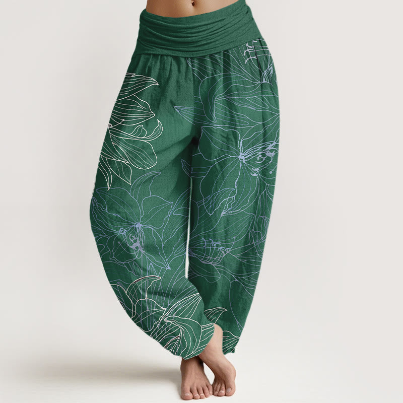 Buddha Stones Pantalones harén de algodón puro con cintura elástica y estampado floral minimalista para mujer - Verdemar - US16，UK/AU20，EU48 (3XL) - image 0
