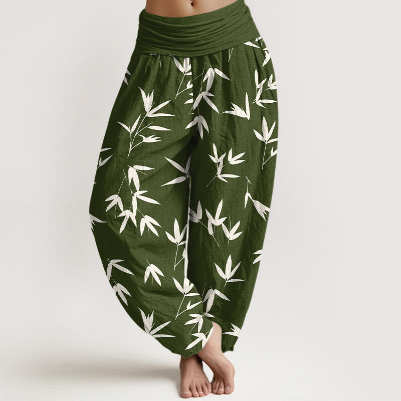 Buddha Stones Pantalones harén de algodón puro, sencillos y elegantes, con estampado de hojas de bambú, cintura elástica para mujer - Verde oliva oscuro - US16，UK/AU20，EU48 (3XL) - image 8