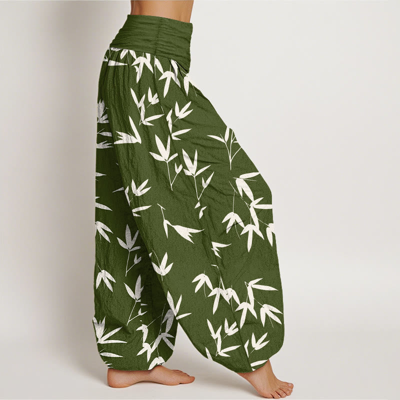 Buddha Stones Pantalones harén de algodón puro, sencillos y elegantes, con estampado de hojas de bambú, cintura elástica para mujer - image 10