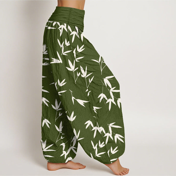 Buddha Stones Pantalones harén de algodón puro, sencillos y elegantes, con estampado de hojas de bambú, cintura elástica para mujer - image 10