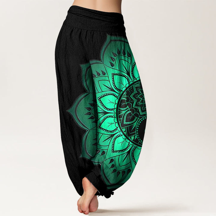 Buddha Stones Pantalones harén de algodón con estampado de mandala simétrico para mujer, cintura elástica - image 1