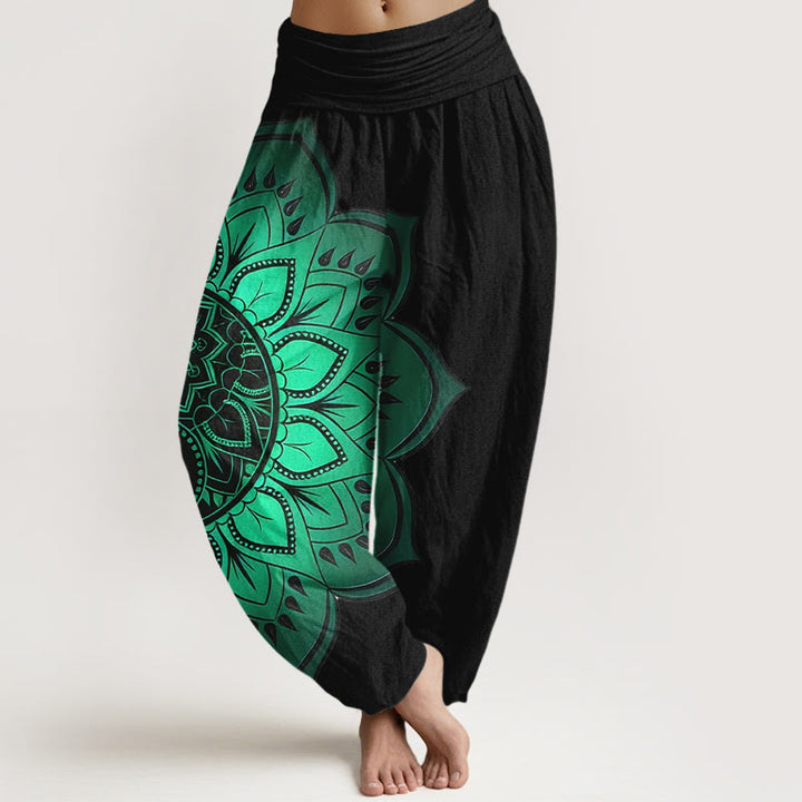 Buddha Stones Pantalones harén de algodón con estampado de mandala simétrico para mujer, cintura elástica - Negro - US16，UK/AU20，EU48 (3XL) - image 0