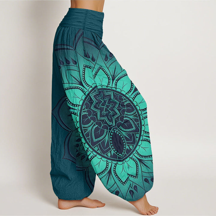Buddha Stones Pantalones harén de algodón con estampado de mandala simétrico para mujer, cintura elástica - image 7