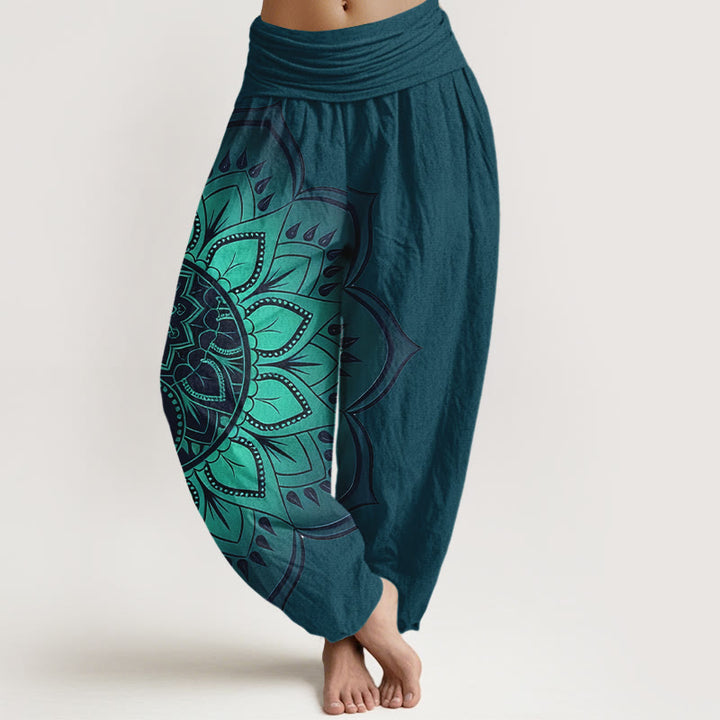 Buddha Stones Pantalones harén de algodón con estampado de mandala simétrico para mujer, cintura elástica - Verde azulado - US16，UK/AU20，EU48 (3XL) - image 5