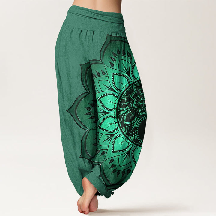 Buddha Stones Pantalones harén de algodón con estampado de mandala simétrico para mujer, cintura elástica - image 9
