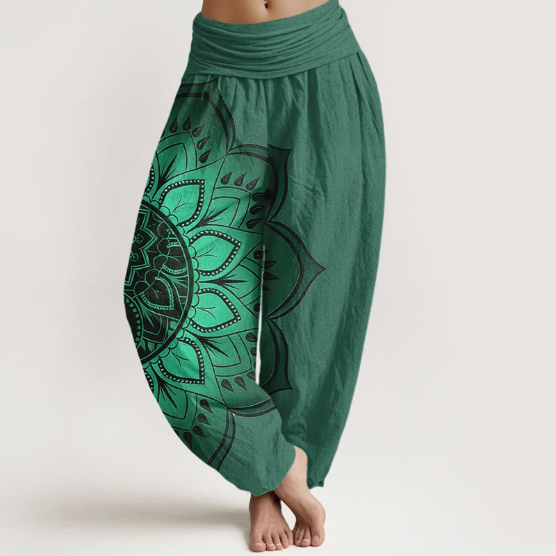 Buddha Stones Pantalones harén de algodón con estampado de mandala simétrico para mujer, cintura elástica - Verdemar - US16，UK/AU20，EU48 (3XL) - image 8