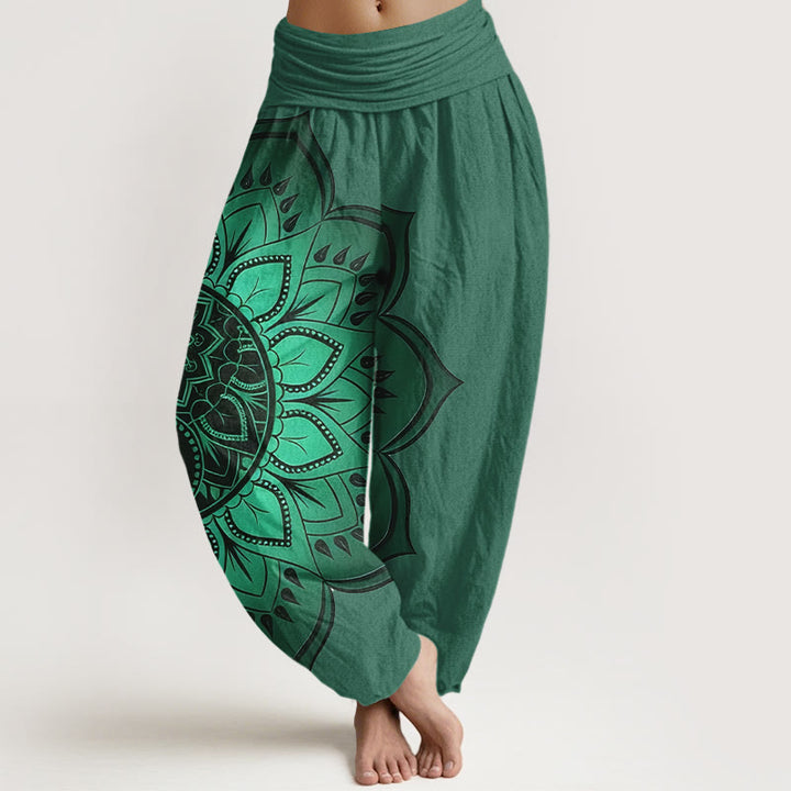 Buddha Stones Pantalones harén de algodón con estampado de mandala simétrico para mujer, cintura elástica - Verdemar - US16，UK/AU20，EU48 (3XL) - image 8