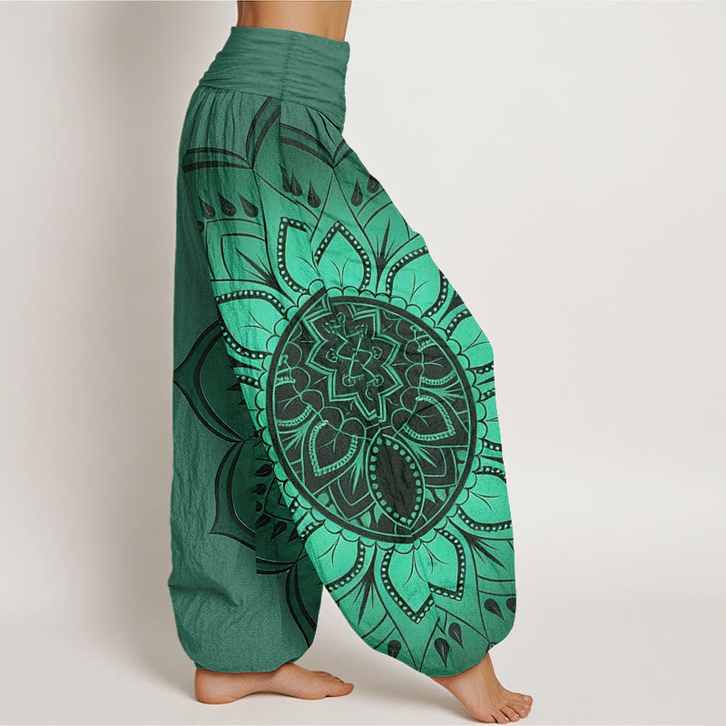 Buddha Stones Pantalones harén de algodón con estampado de mandala simétrico para mujer, cintura elástica - image 10