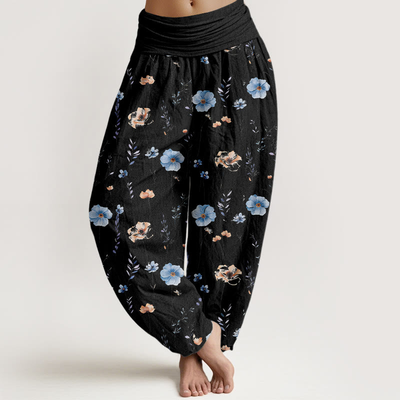Buddha Stones Pantalones harén de algodón con cintura elástica y estampado floral para mujer - Negro - US16，UK/AU20，EU48 (3XL) - image 5