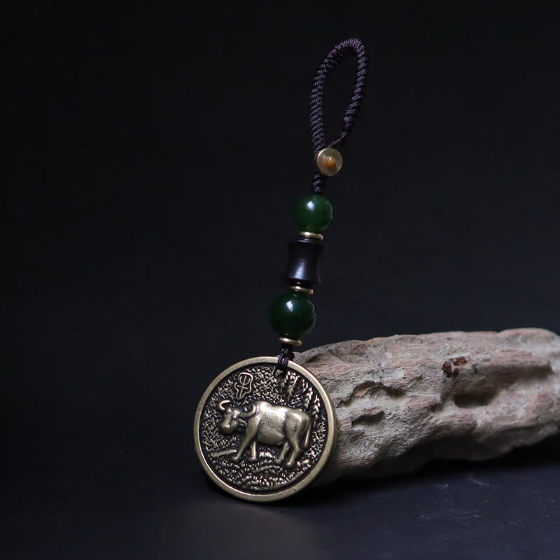 Buddha Stones Llavero de equilibrio de cobre y latón con el personaje Bagua Fu del año del caballo del zodíaco chino - Buey de cobre y latón - image 2